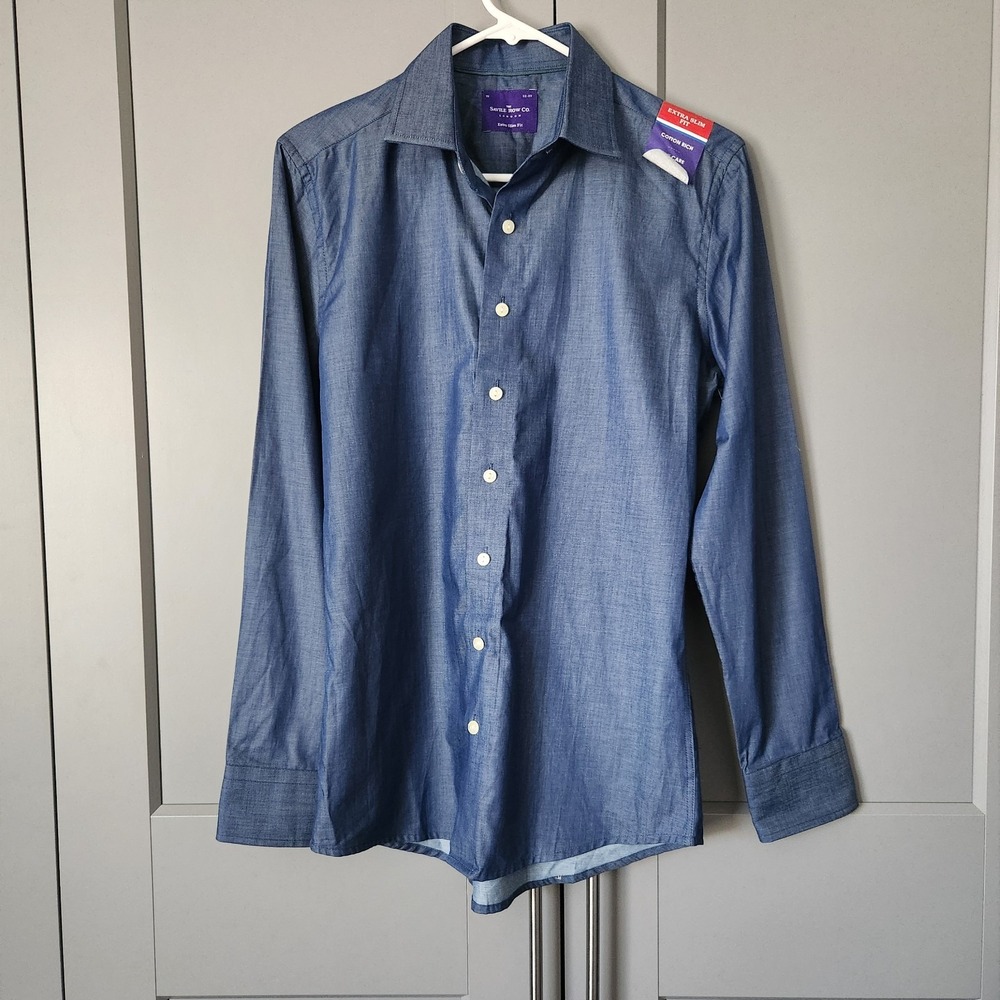 New The Savile Row Co London Shirt 15 32/33 Extra Slim Fit Blue Cotton Chambray